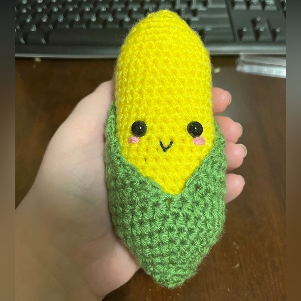 Amigurumi crocheted corn on the cob with removable husk plush stuffed animal